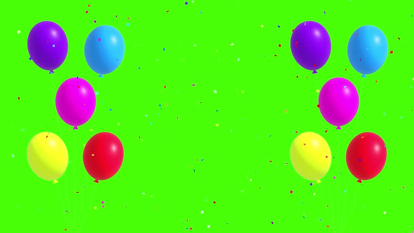 Colorful balloons and confetti on green screen – Birthday celebration party