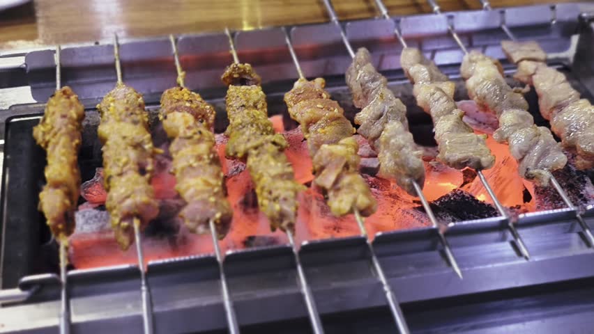 a skewer of lamb that is baked over charcoal
