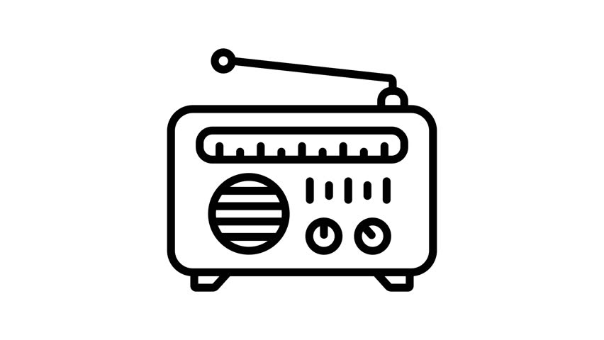 Animated black and white outline of a vintage radio