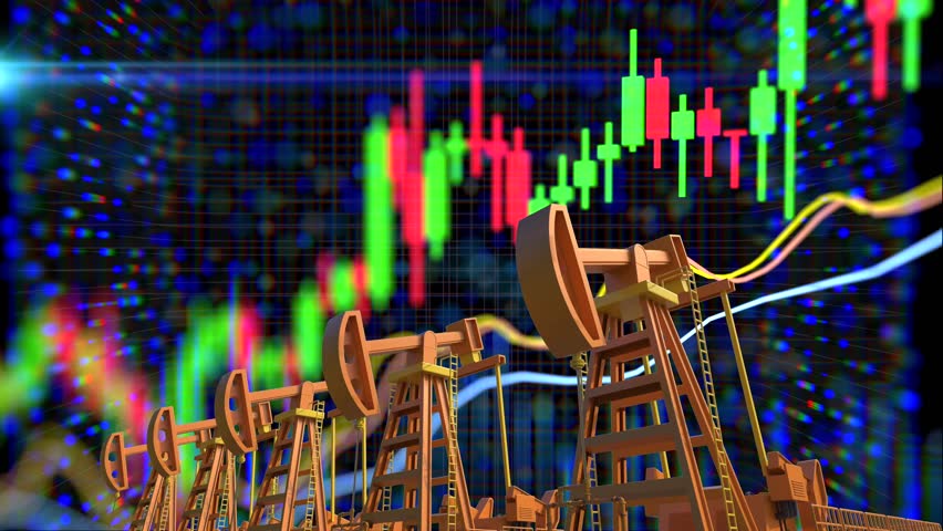 Oil price rising concept with 3d rendering crude oil pump on stock market chart 4k footage