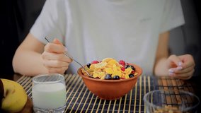 Weight Loosing Diet Healthy Breakfast With Strawberries. Healthy And Delicious Food. Crunchy Granola Cereals Breakfast. Bowl Of Muesli Cereals. Organic Vegan Diet. Proper Nutrition Dieting Gluten Free - Powered by Shutterstock - Get 15% off with code: PIKWIZARD15