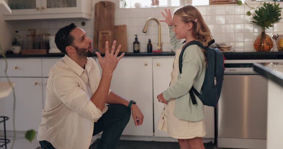 Happy dad, girl or ready with fist bump for school, learning, education or start to academic future. Proud father, daughter or helping child with backpack or support for childhood development at home