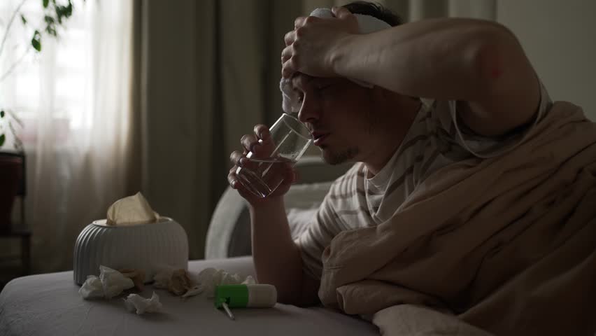 Fatigued male experiencing cold symptoms drinking water, touching forehead while resting under warm blanket, showcasing discomfort of seasonal illness in bedroom setting