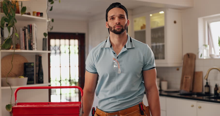 Happy man, plumber and kitchen with confidence for water damage, piping renovation or home leak. Portrait, male person or repairman with smile or arms crossed for professional house fix or call out