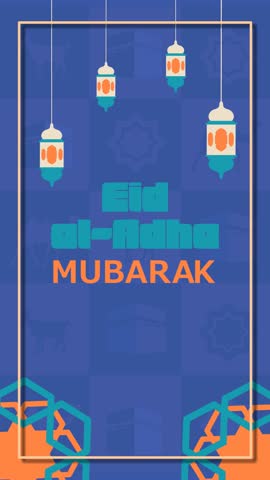 Minimalist vertical looping animation for Eid al-Adha with flat-style lanterns, symbolic icons like Kaaba and goats, and bold typography over a dark geometric background. Great for festive content.