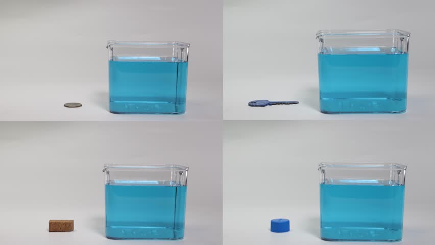 Hands place various objects in water to observe floating and sinking. Clear lighting, simple setup, educational focus