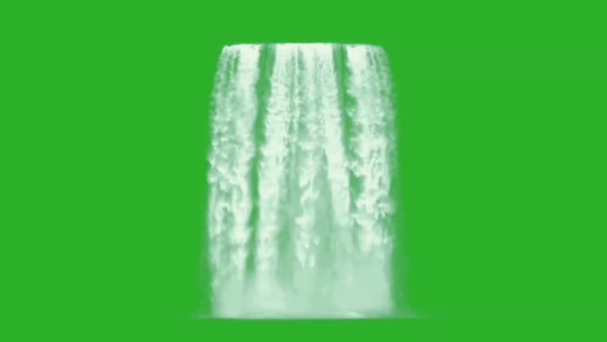 Water cascading down on a green screen background. Realistic waterfall effect.