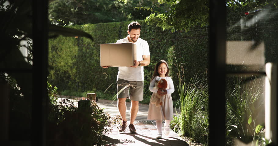 Walking, new home and child with father for real estate, property relocation and stuffed animal. Kid, happy girl and dad moving with mortgage, loan and carrying box for arrival in backyard outdoor