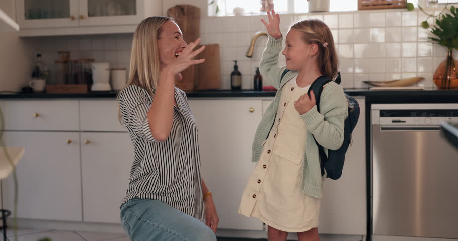 Home, mom and child with backpack, fist bump and getting ready for back to school, woman and daughter. House, girl and excited for first day in new grade, gesture or mother with support for education