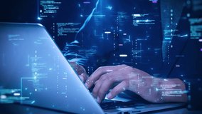 Developer hand typing on laptop with abstract digital code, programming, glowing blue data stream, representing cyber security technology. - Powered by Shutterstock - Get 15% off with code: PIKWIZARD15