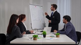 A team of business professionals gathered around a flip chart, analyzing data and discussing strategies in an office setting. - Powered by Shutterstock - Get 15% off with code: PIKWIZARD15
