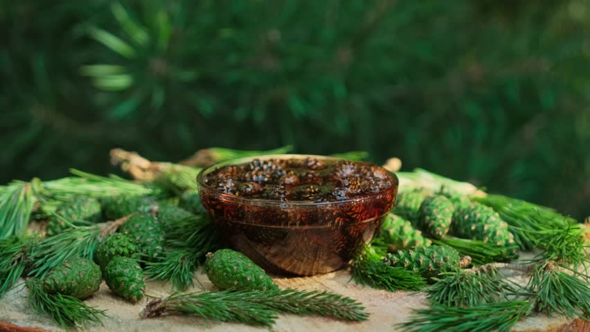 Pine Cone Jam for Cough, Detox and Immunity Boost. Traditional Pine Cone Extract: Health Benefits and Immune Support. Organic Pine Syrup outdoors