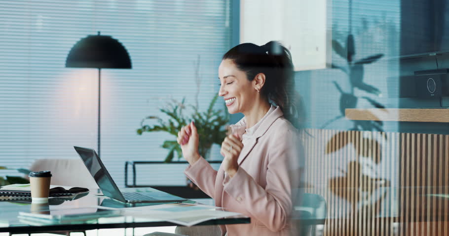 Excited, employee and woman with laptop, office and celebration for job promotion and notification. Business, achievement and person with success for project, happiness and positive feedback on email