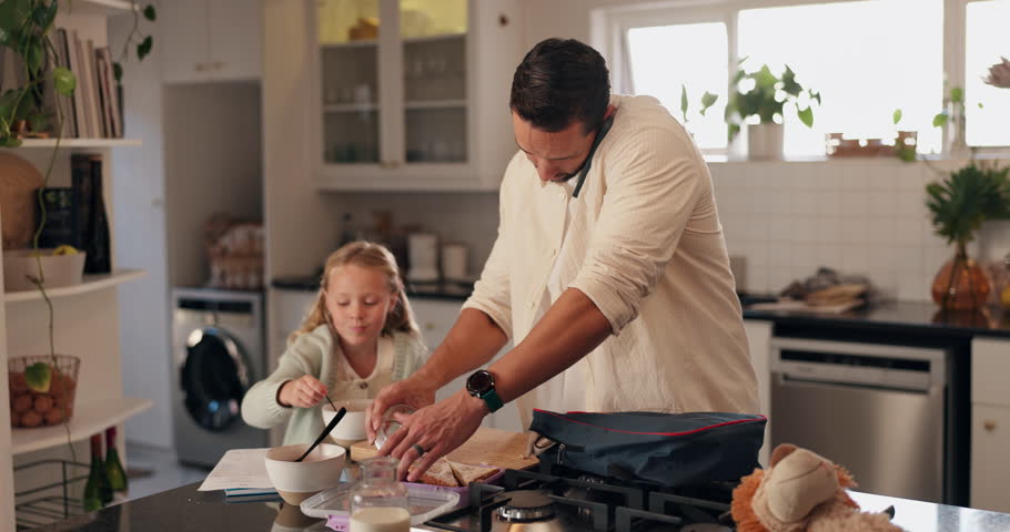 Family, child or dad packing lunch box in home with sandwich, phone call or bag for school. Remote work, father or girl kid with bread for food, snack or meal for nutrition, multitasking and care
