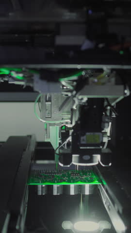 Close-up: installing electronic components. Printed circuit board moves with SMD, PCB. Automatic welding, solder machine. Production Devices. Diagnose test chips and processors. Manufacture or factory