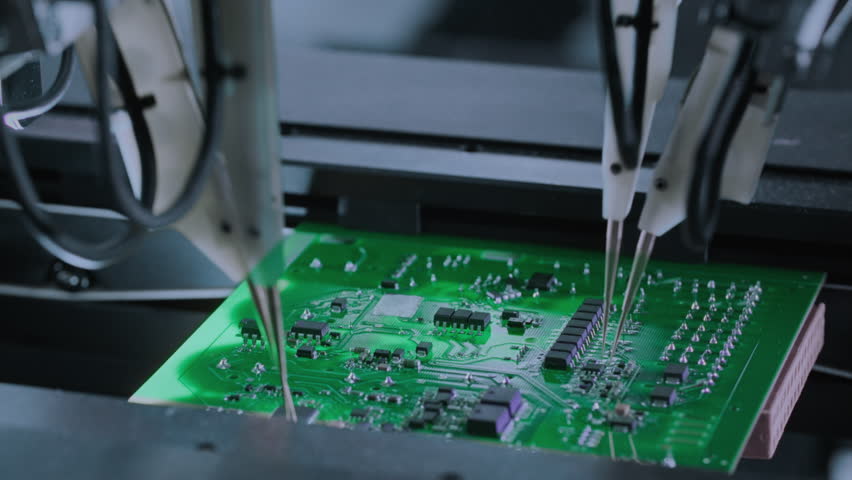 Close-up: machine installs components on circuit board. Electronic devices PCB industry. Factory of graphics processing unit, GPU processor. Production of video cards for artificial intelligence.