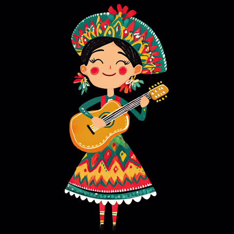 Colorful Mexican Woman in Traditional Dress Playing Guitar Illustration