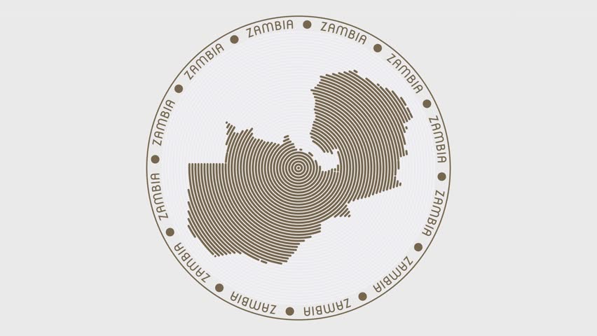 Zambia shape with dynamic circles visual effect. Animation of Zambia logo appearing from rotating rings and Country name around the shape. Intro, opening, closing, logo video.