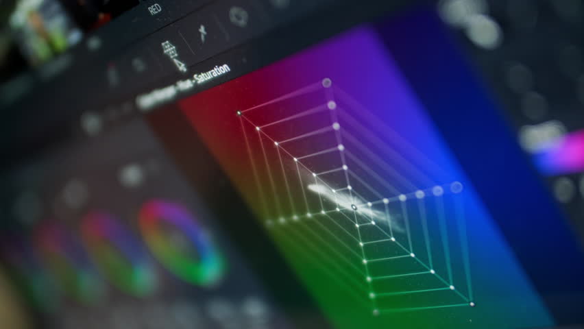 Close up: screen monitor is a program for color correction of video and media. Color grading and editing in software. Tools for changing the shade in the form of a spider web. Dashboard interface