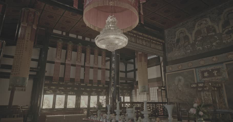 Chengdu, Sichuan, China. Ungraded C LOG 2, Wenshu Monastery Buddhist Temple. Interior Of Hall Of Three Sages Of West Enshrining Statues Of Three Sages Of West Namely Guanyin, Amitabha And