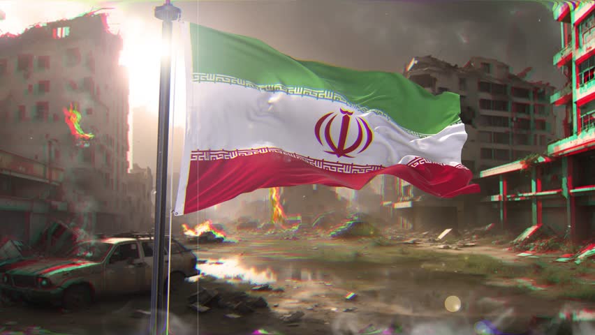 Iran Flag and war background destroyed megalopolis