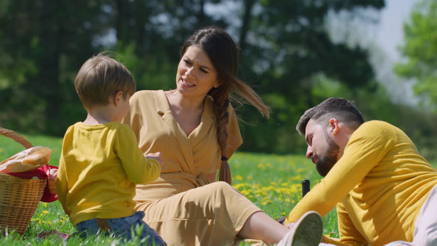 A family enjoys a sunny day picnic in nature.