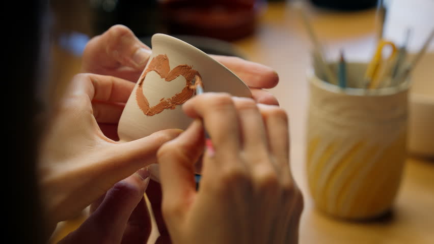 Couple hands painting together romantic date in pottery workshop family woman man girl guy artist drawing love symbol on clay cup ceramics modeling design artwork handmade crafting loving heart paint