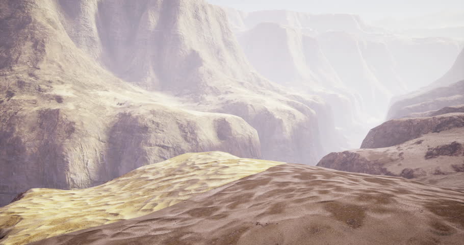 A barren desert expanse features rugged cliffs and gentle hills under a hazy sky. Sunlight casts soft shadows across the sandy terrain, revealing the unique natural formations.