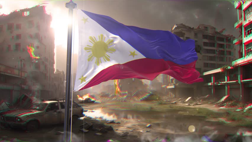 Philippines Flag and war background destroyed megalopolis