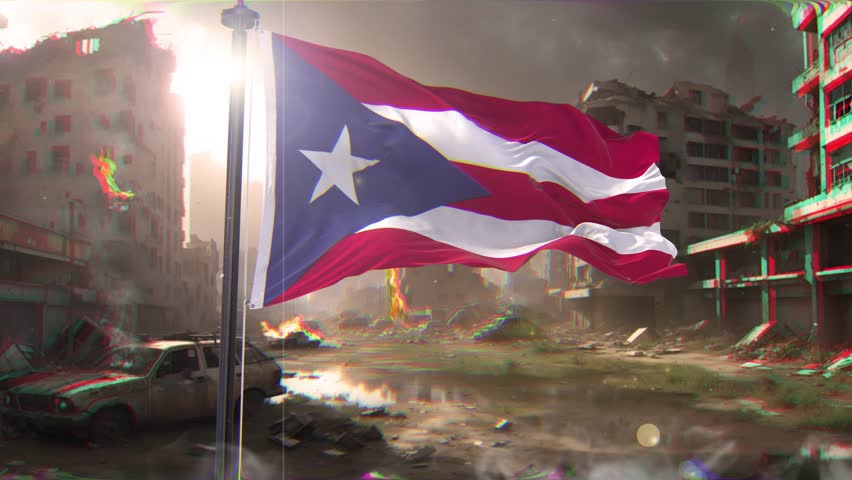 Puerto Rico Flag and war background destroyed megalopolis