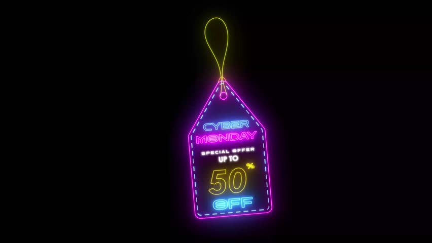 cyber monday neon tag sale promo animated neon tag cyber monday special offer sale up to10,20,25,30,50,70% percent discount 4k