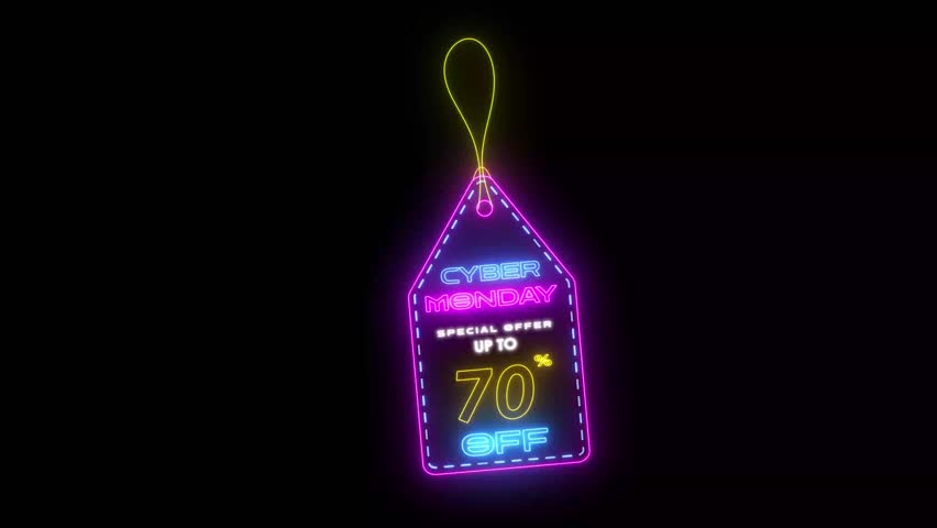 cyber monday neon tag sale promo animated neon tag cyber monday special offer sale up to10,20,25,30,50,70% percent discount 4k