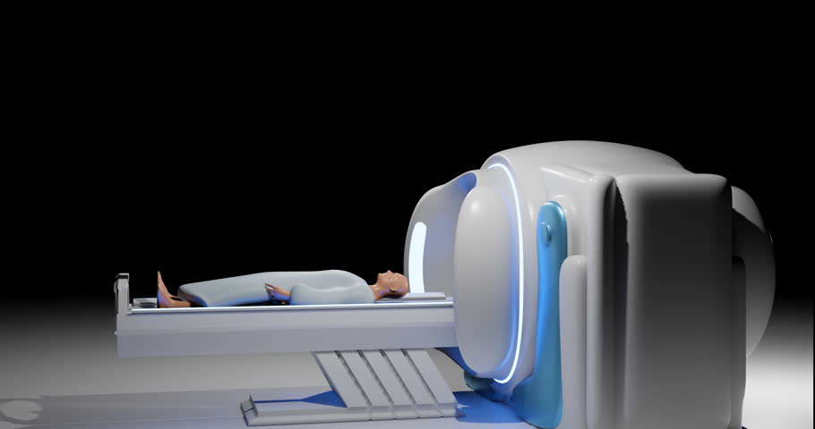 A realistic 3D model of an CT scan machine in action with a patient undergoing the procedure. Ideal for educational and medical simulation purposes.