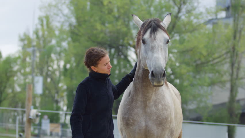A person bonding affectionately with a horse in a serene farm setting.