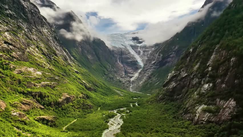 Majestic Mountain Valley Landscape with River and Glacier