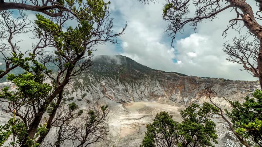 Volcanic Crater Landscape View Through Trees