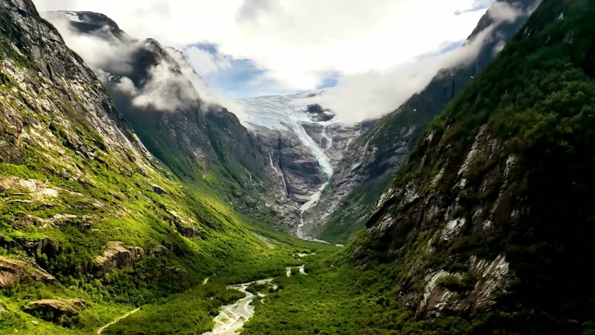 Majestic Mountain Valley with Glacier and River Landscape