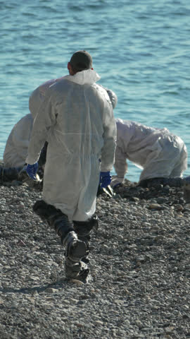Hazmat Team Coastal Cleanup Pollution Investigation: Workers in protective suits collect samples near ocean, due to environmental contamination.