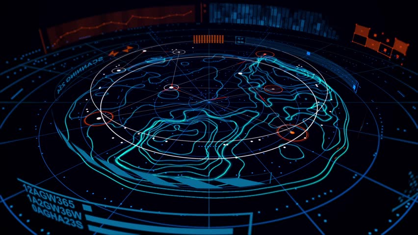 A futuristic screen with a blue background and a blue circle 