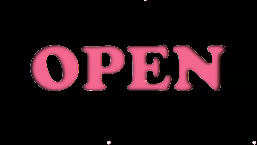 The word "OPEN" in bold red vintage style text, set against a black background. Some elements feature vibrant gradients of pink, yellow, and white
