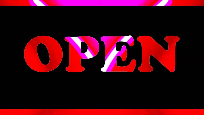 The word "OPEN" in bold red vintage style text, framed by horizontal red bars, set against a black background