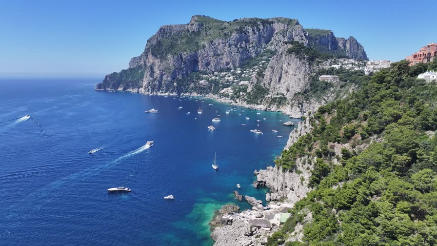 Capri Skyline At Naples In Campania Italy. Beach Landscape. Giant Cliffs Scene. Capri Skyline At Naples In Campania Italy. Gulf Of Naples Skyline. Mediterranean Sea Coast. Scenic Capri Island.