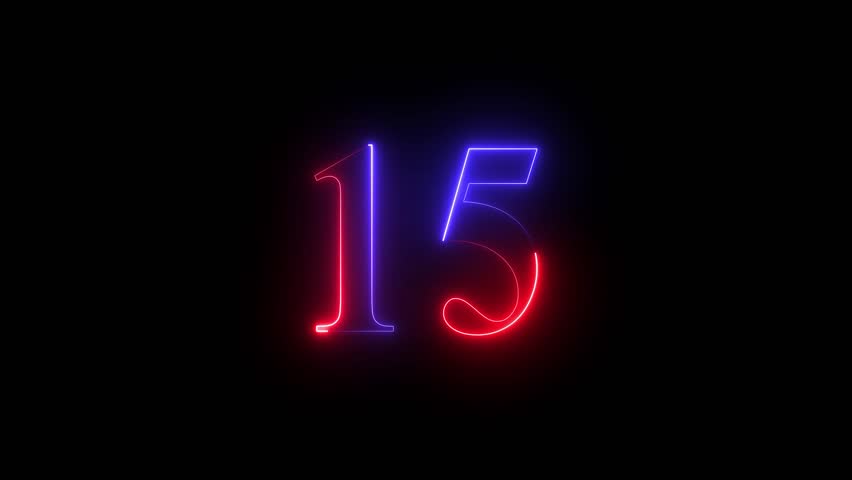 Neon 15 number 4k animation on black background. Neon dial 15 icon glowing animation. 4k Neon number 15