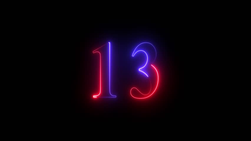 Neon 13 number 4k animation on black background. Neon dial 13 number glowing animation. 4k Neon number 13