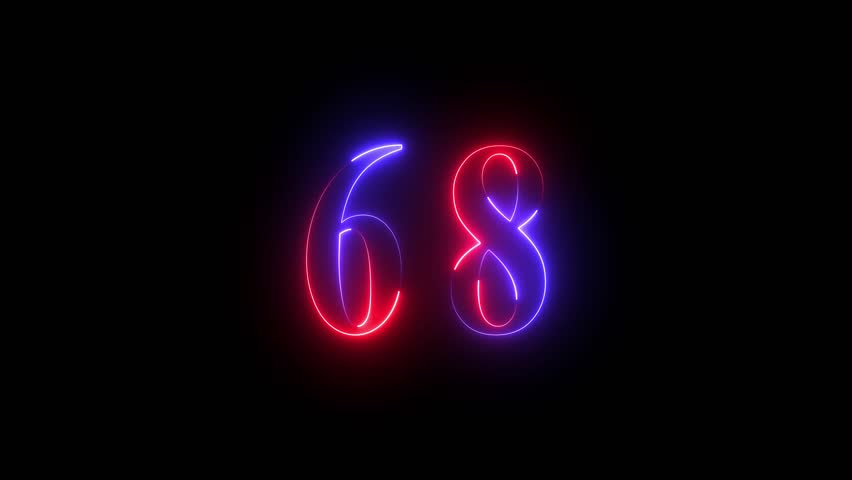 Neon number 68 on black background 4K animation. Neon dial number 68 glowing animation. 4K neon number Sixty- Eight