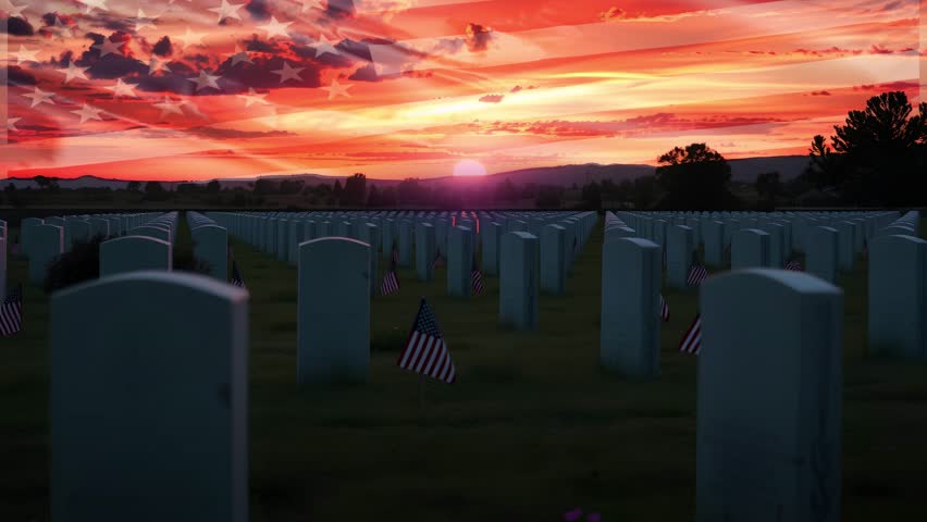 Happy Memorial Day – Honoring All Who Served. A peaceful American military cemetery at sunset with rows of headstones and blooming bushes. A solemn and respectful tribute to fallen soldiers.