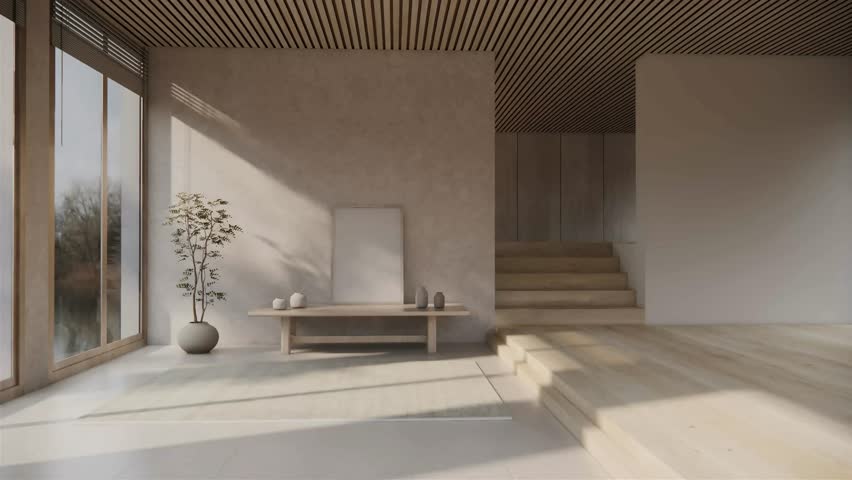 4k Modern minimalis japandi interior design. Contemporary and trendy living room for relax. Calm vibes nature light. 3d reder
