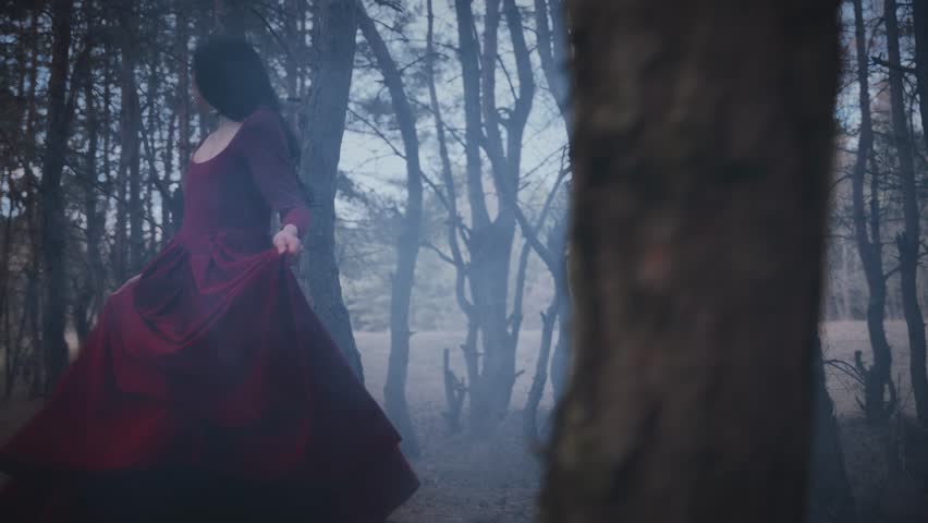 Fairy tale Gothic scared girl running away in dark foggy nature forest trees, velvet red long medieval old style dress black hair fly in wind slow motion. Fantasy Woman lost princess victim escaping. 