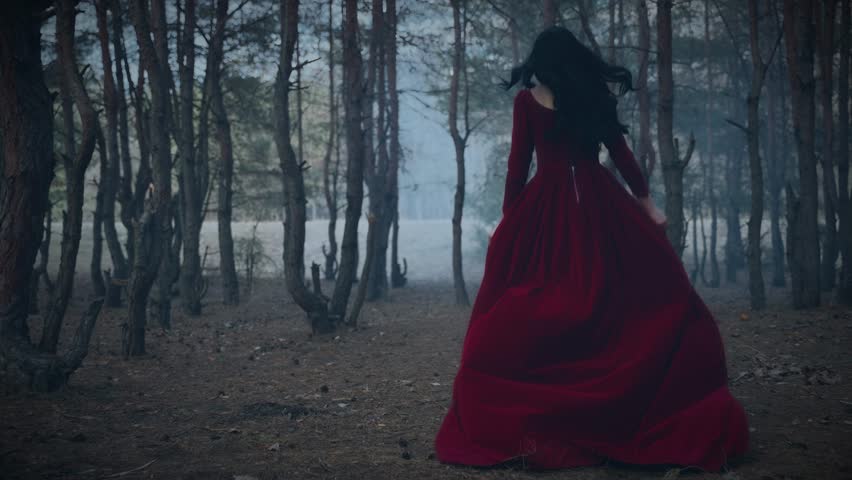 Fairy tale Gothic scared girl running away in dark foggy nature forest trees, red long old style dress black hair fly in wind slow motion back rear view. Fantasy Woman lost princess victim escaping. 