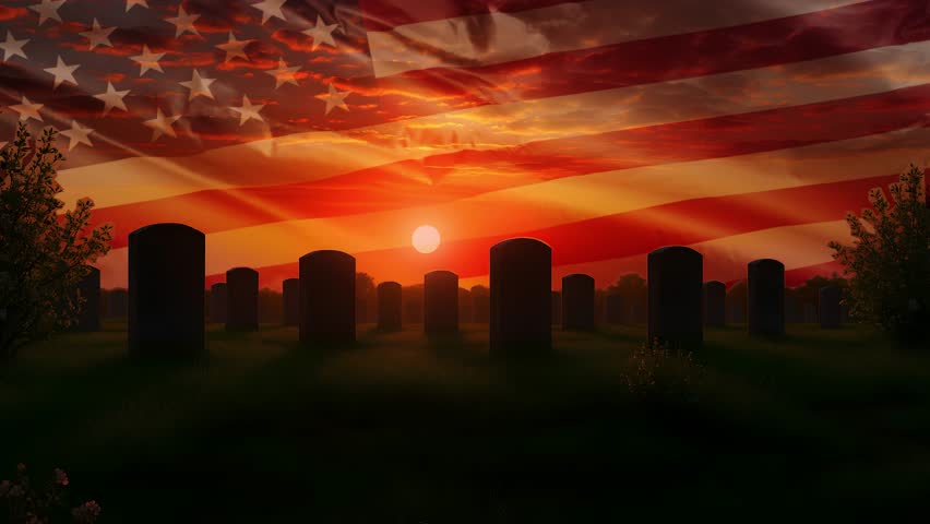 Happy Memorial Day – Honoring All Who Served. A peaceful American military cemetery at sunset with rows of headstones and blooming bushes. A solemn and respectful tribute to fallen soldiers.